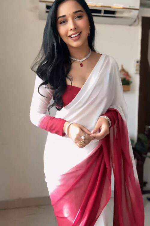 Deep Red And White Georgette ombre design Ready To Wear Saree With Unstitched Blouse