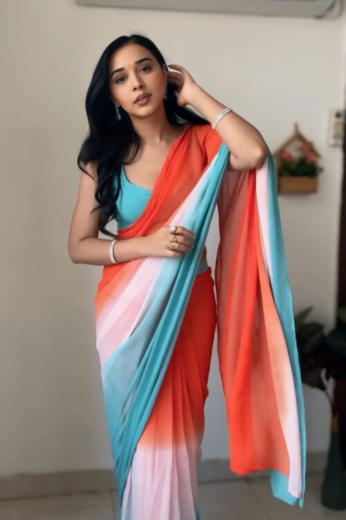 Aqua Blue, Coral Orange, And Soft White Georgette ombre design Ready To Wear Saree With Unstitched Blouse