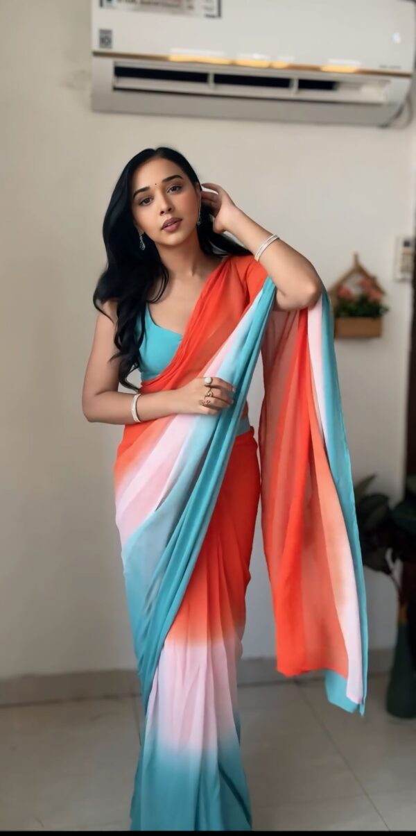 Aqua Blue, Coral Orange, And Soft White Georgette ombre design Ready To Wear Saree With Unstitched Blouse