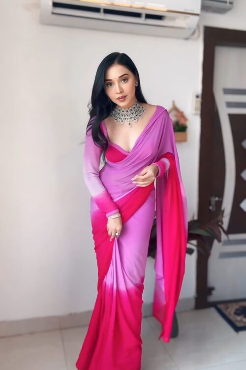 Pink And Magenta Ombre Blend Georgette Ready To Wear Saree With Unstitched Blouse