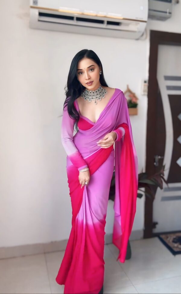 Pink And Magenta Ombre Blend Georgette Ready To Wear Saree With Unstitched Blouse