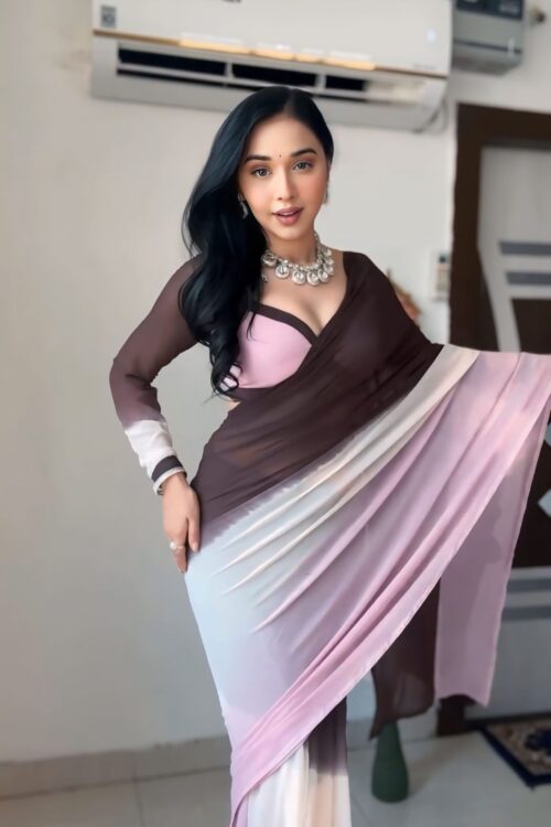 Brown to Bblush Pink Ombre Effect Georgette Ready To Wear Saree With Unstitched Blouse