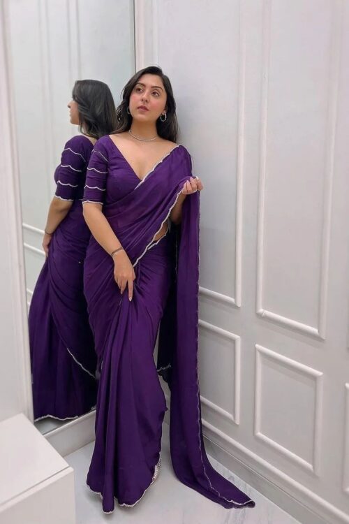 Deep Purple Saree With Silver Lace Borders Ready To Wear Saree With Stitched Blouse