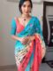 Sky Blue, Peach, And Coral Hues Organza Floral Print Ready To Wear Saree With Unstitched Blouse
