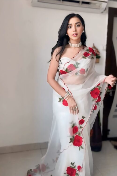 White Organza Red Rose Floral Print Ready To Wear Saree With Unstitched Blouse