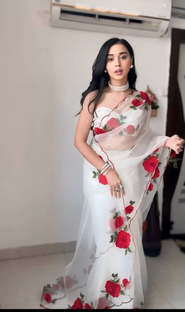 White Organza Red Rose Floral Print Ready To Wear Saree With Unstitched Blouse