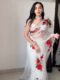White Organza Red Rose Floral Print Ready To Wear Saree With Unstitched Blouse