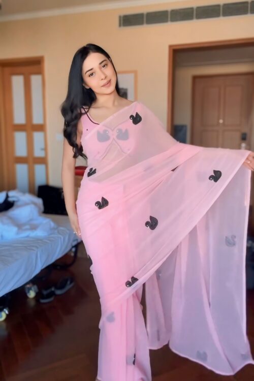 Baby Pink Shade Black Swan Motifs Georgette Ready To Wear Saree With Unstitched Blouse