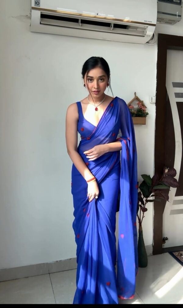 Royal Blue Shade With Small Red Embroidered Hearts Ready To Wear Saree With Unstitched Blouse - Image 4