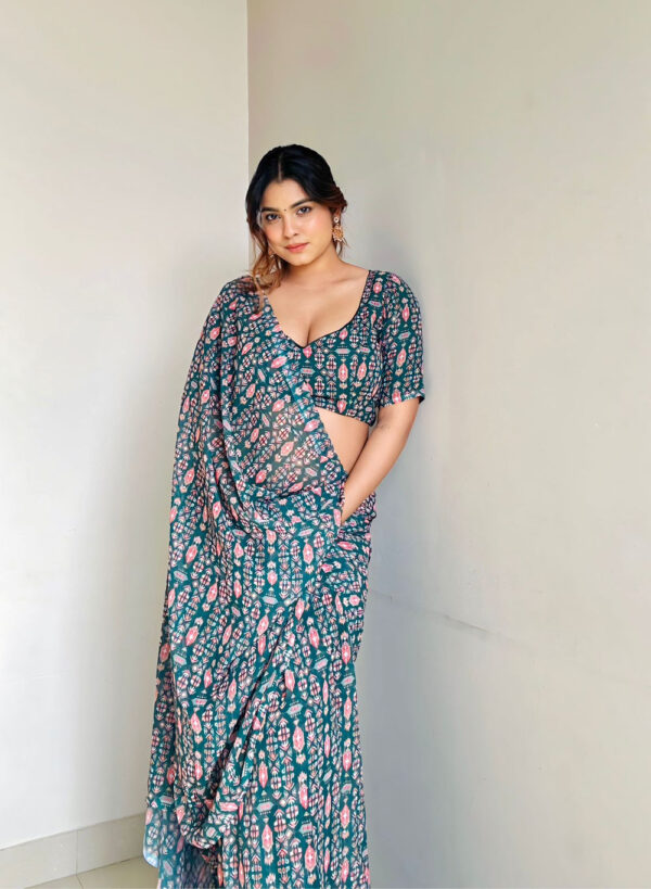 Deep Teal Shade Floral Pink-white Print Georgette Ready To Wear Saree With Unstitched Blouse - Image 5