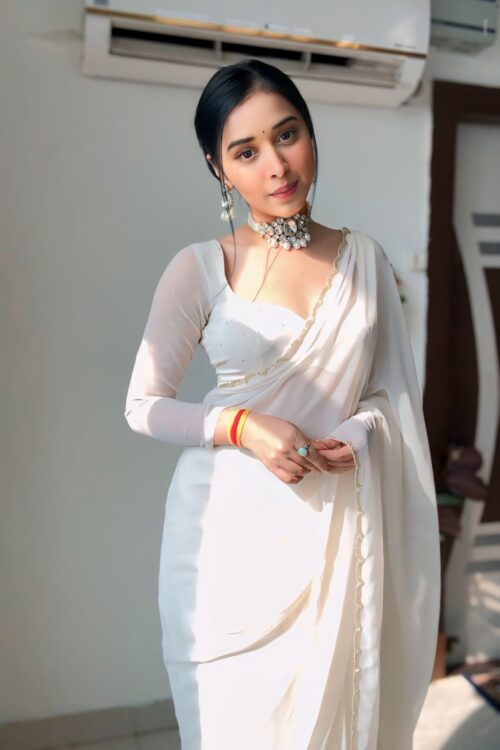 White Color, Featuring A Scalloped Border Georgette Ready To Wear Saree With Stitched Blouse