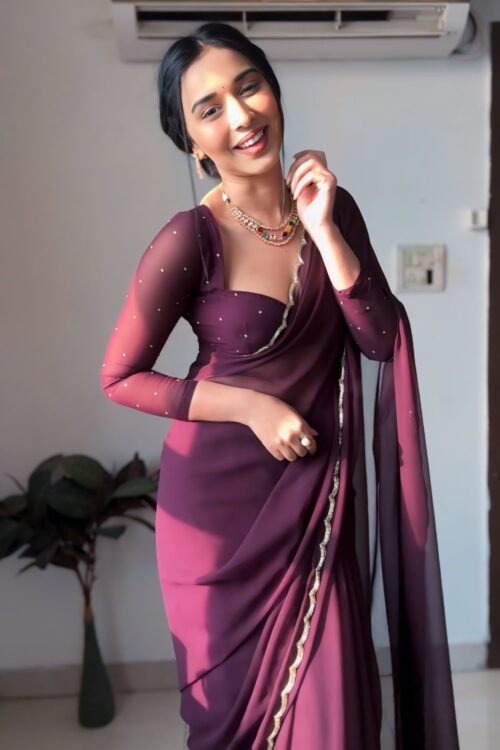Wine Color, Featuring A Scalloped Border Georgette Ready To Wear Saree With Stitched Blouse