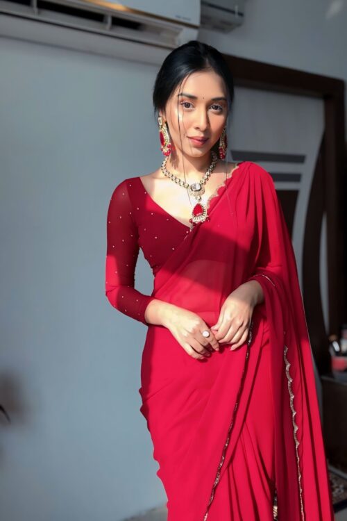 Red Color, Featuring A Scalloped Border Georgette Ready To Wear Saree With Stitched Blouse