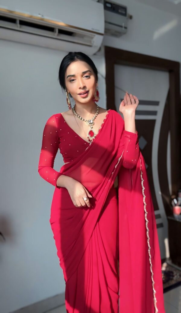 Red Color, Featuring A Scalloped Border Georgette Ready To Wear Saree With Stitched Blouse - Image 3