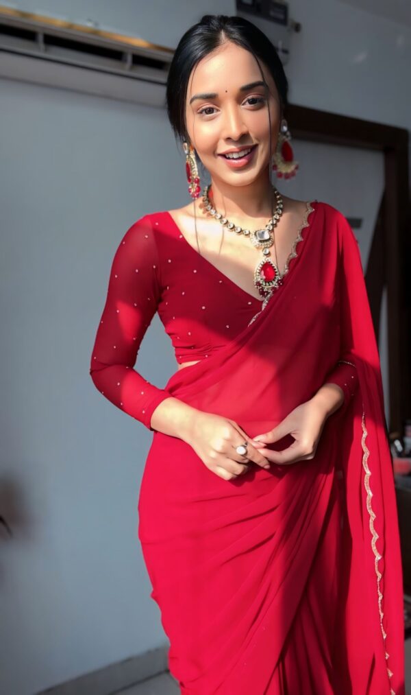 Red Color, Featuring A Scalloped Border Georgette Ready To Wear Saree With Stitched Blouse - Image 5