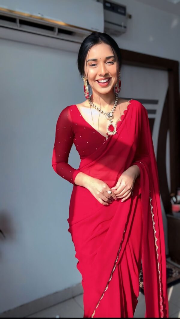 Red Color, Featuring A Scalloped Border Georgette Ready To Wear Saree With Stitched Blouse - Image 4