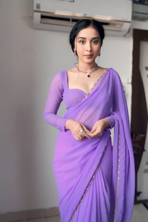 Lavender Color, Featuring A Scalloped Border Georgette Ready To Wear Saree With Stitched Blouse