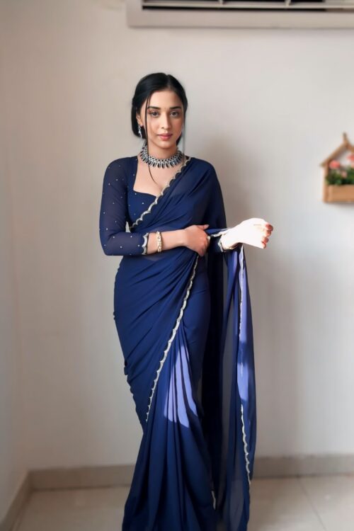 Navy Blue Color, Featuring A Scalloped Border Georgette Ready To Wear Saree With Stitched Blouse