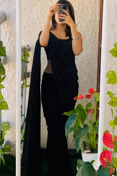 Black Elegant Design Georgette Ready To Wear Saree With Unstitched Blouse