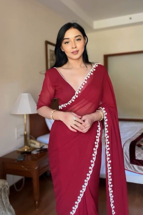 Maroon GeorgetteEmbroidered Scallop Lace On The Borders Georgette Ready To Wear Saree With Unstitched Blouse