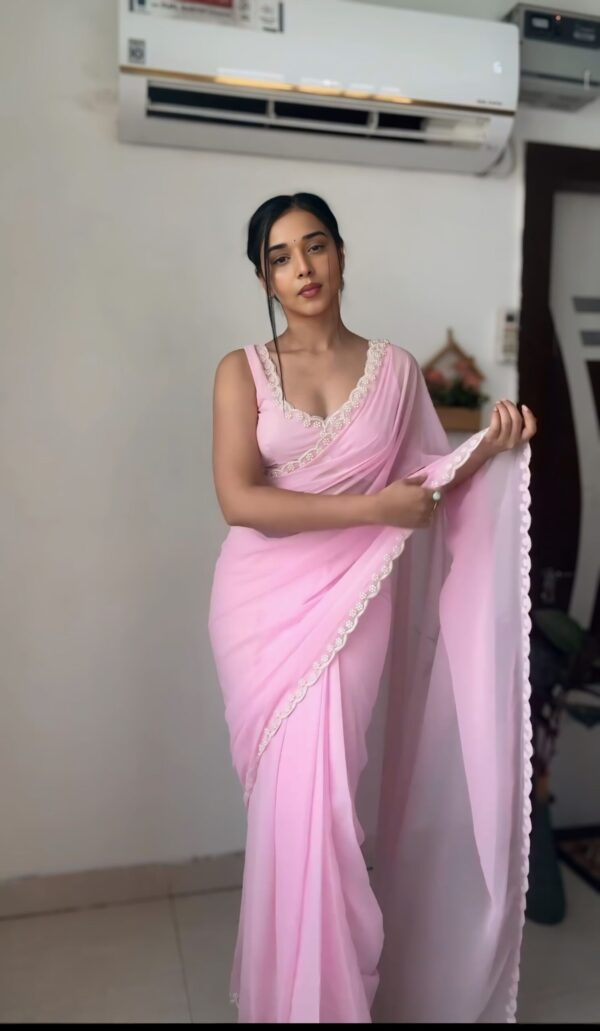 Babay Pink GeorgetteEmbroidered Scallop Lace On The Borders Georgette Ready To Wear Saree With Unstitched Blouse (Copy) - Image 3