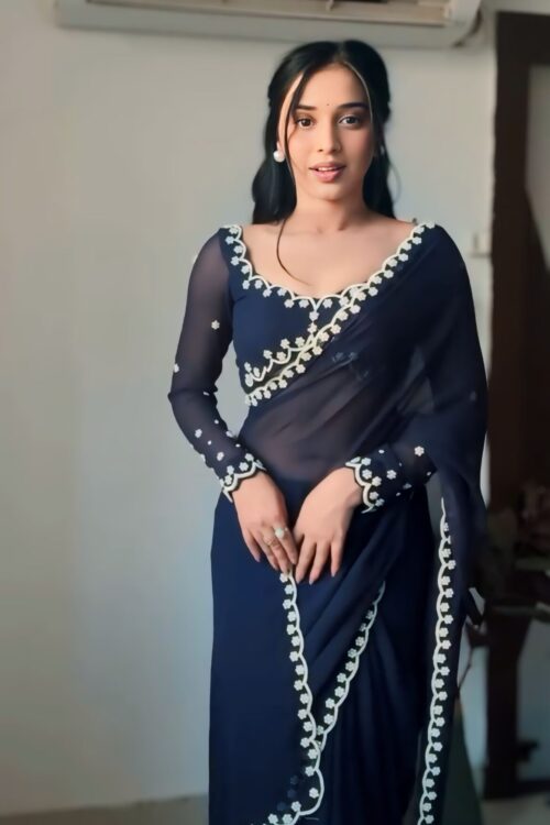 Navy Blue GeorgetteEmbroidered Scallop Lace On The Borders Georgette Ready To Wear Saree With Unstitched Blouse (Copy)
