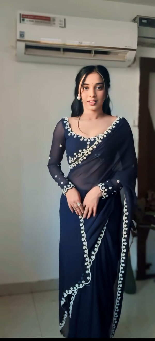 Navy Blue GeorgetteEmbroidered Scallop Lace On The Borders Georgette Ready To Wear Saree With Unstitched Blouse (Copy)
