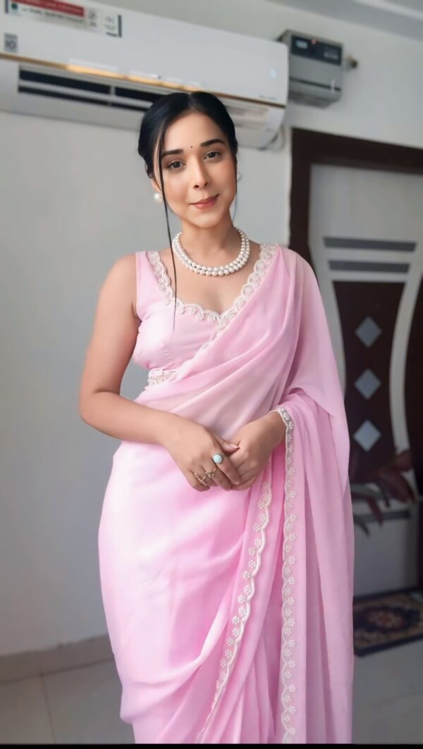 Babay Pink GeorgetteEmbroidered Scallop Lace On The Borders Georgette Ready To Wear Saree With Unstitched Blouse (Copy)
