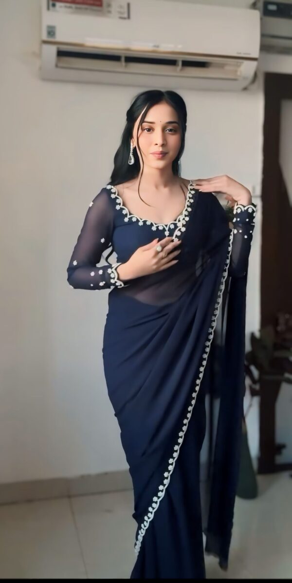 Navy Blue GeorgetteEmbroidered Scallop Lace On The Borders Georgette Ready To Wear Saree With Unstitched Blouse (Copy) - Image 7