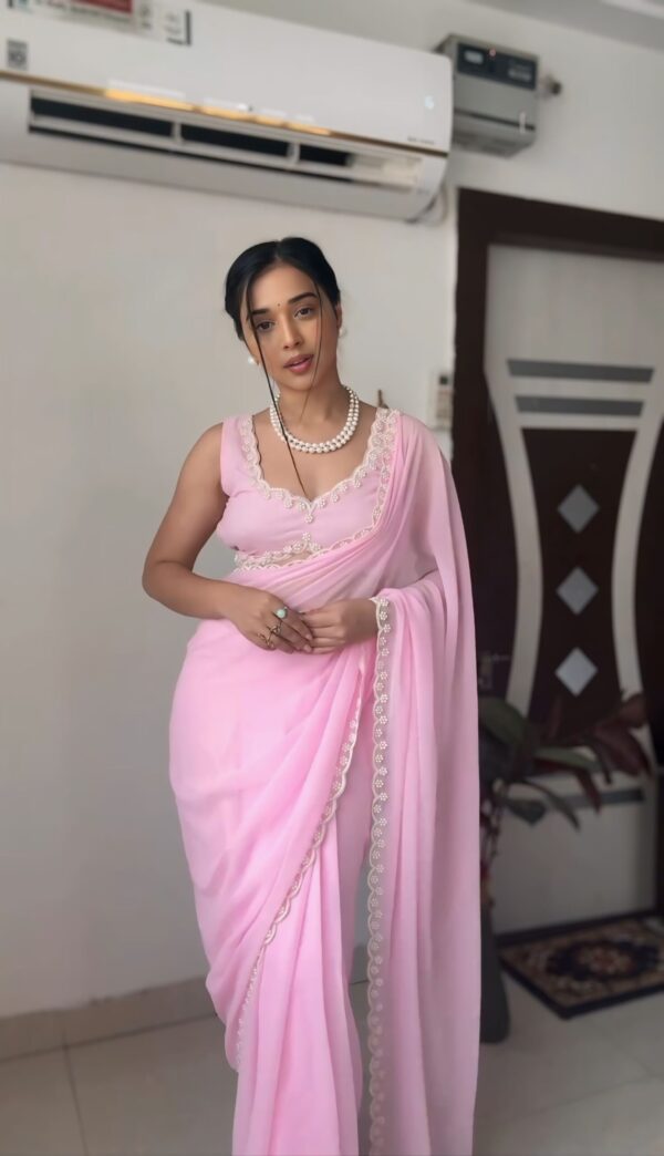 Babay Pink GeorgetteEmbroidered Scallop Lace On The Borders Georgette Ready To Wear Saree With Unstitched Blouse (Copy) - Image 8