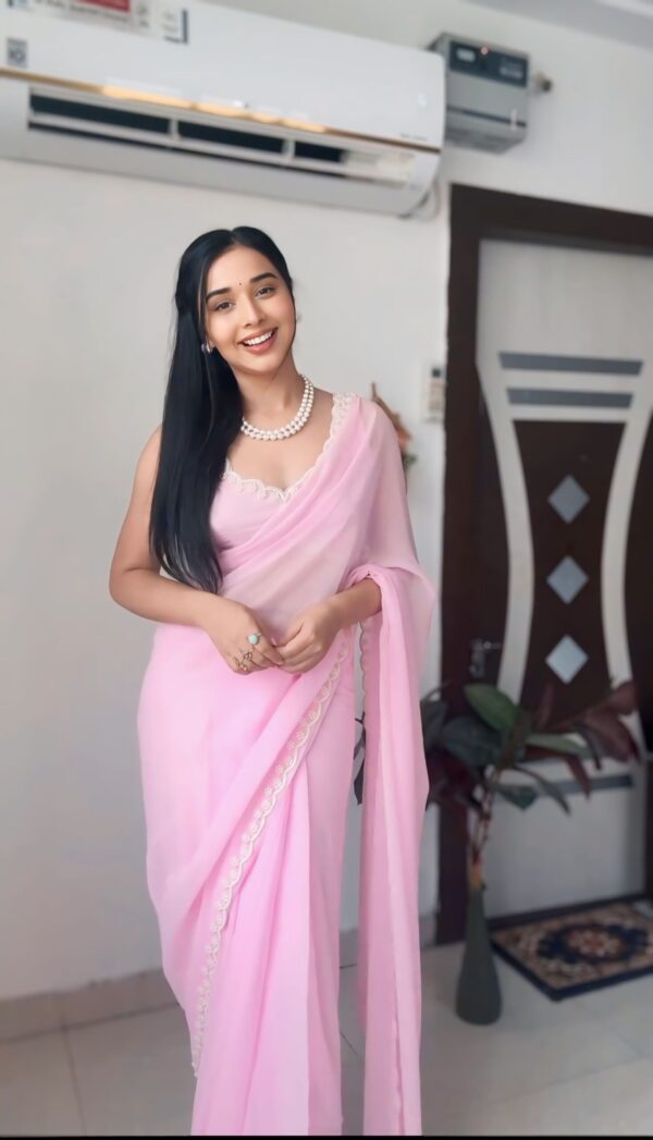 Babay Pink GeorgetteEmbroidered Scallop Lace On The Borders Georgette Ready To Wear Saree With Unstitched Blouse (Copy) - Image 5