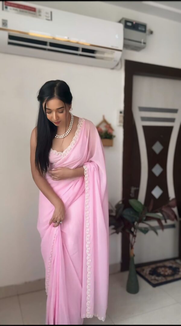 Babay Pink GeorgetteEmbroidered Scallop Lace On The Borders Georgette Ready To Wear Saree With Unstitched Blouse (Copy) - Image 6