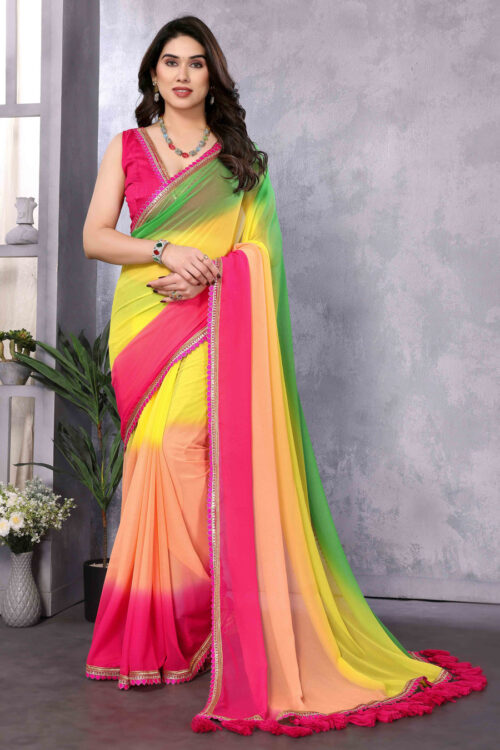 Multicolor Color Georgette Golden Lace Border Ready To Wear Saree With Unstitched Blouse