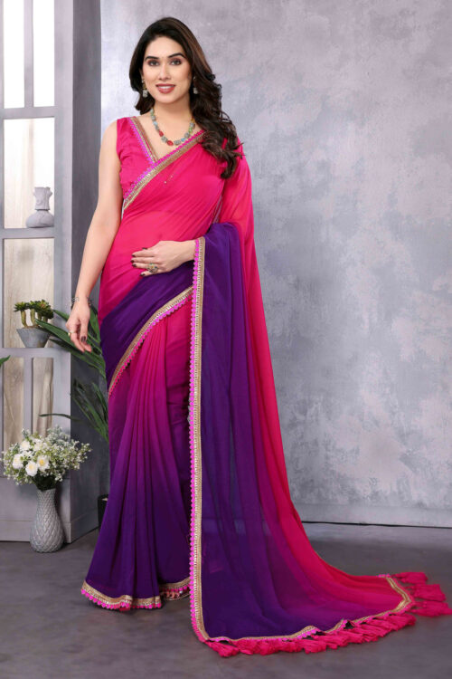 Pink And Purple Color Georgette Golden Lace Border Ready To Wear Saree With Unstitched Blouse