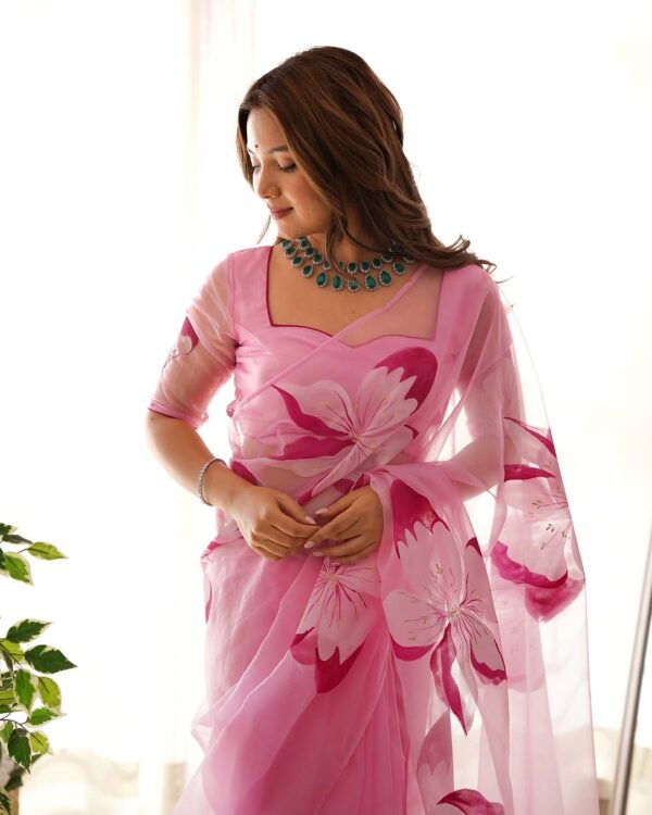 Pink Organza Saree With Bold Floral Prints Ready To Wear Saree With Unstitched Blouse - Image 3