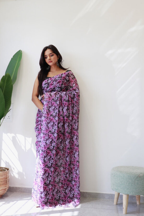 Purple, Pink, And Black Floral Print Georgette Ready To Wear Saree With Unstitched Blouse - Image 3