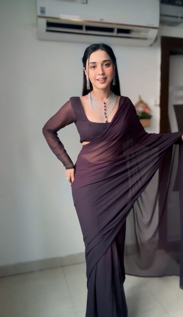 Wine-purple Shade Plain Elegant Design Georgette Ready To Wear Saree With Unstitched Blouse - Image 3