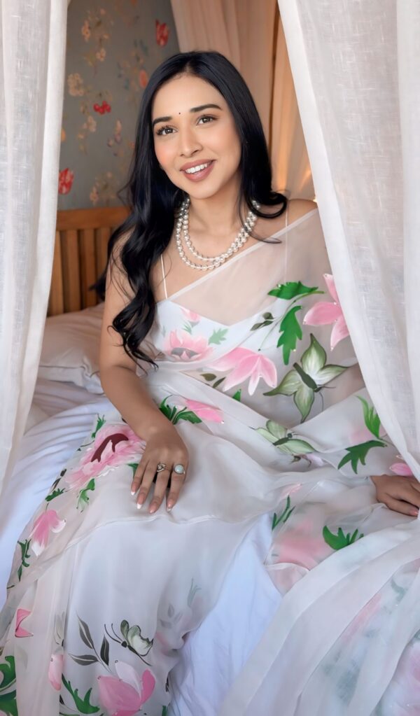 White Shade And Floral Print In Pink And Green Tones Organza Ready To Wear Saree With Unstitched Blous - Image 3