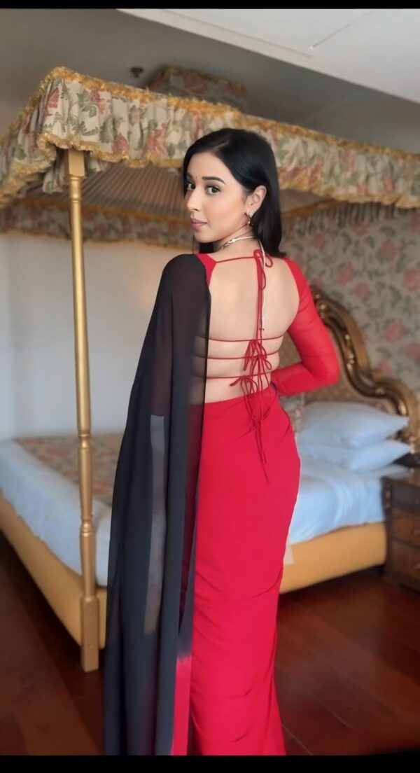 Red Black Ombre Effect Georgette Ready To Wear Saree With Unstitched Blouse - Image 3