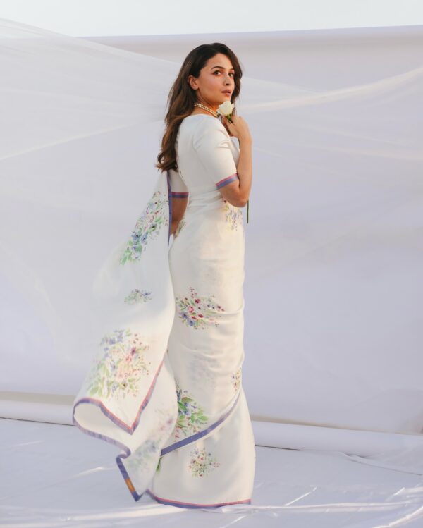 White Sattin Lavender-pink Border & Flower Ready To Wear Saree  With Unstitched Blouse - Image 3