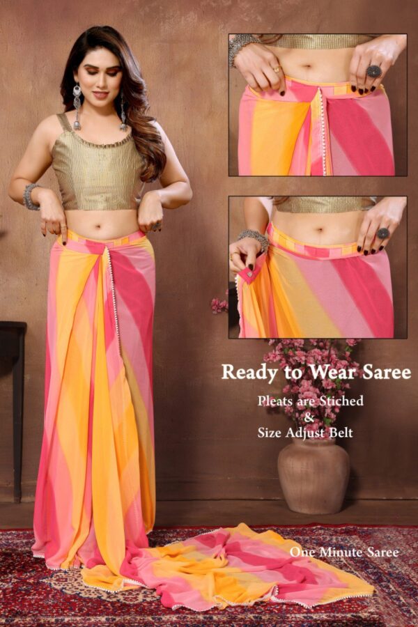 Pink And Yellow Shaded Stripes Georgette Ready To Wear Saree With Unstitched Blouse - Image 4