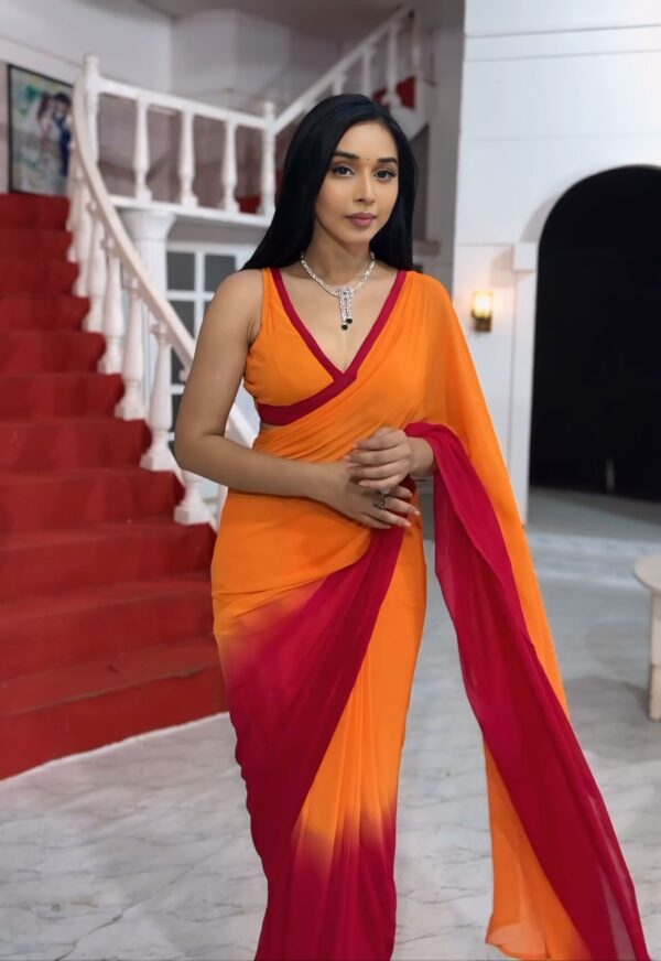 Orange And Red Color Combination With A Plain Yet Elegant Design  Georgette Ready To Wear Saree With Unstitched Blouse - Image 4
