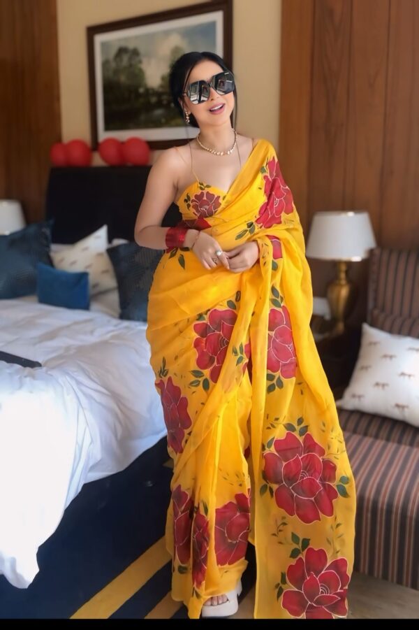 Yellow Color, Featuring Bold Red Floral Prints  Georgette Ready To Wear Saree With Unstitched Blouse - Image 3
