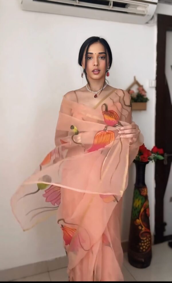 Peach Shade Hand-painted Floral Prints Organza Ready To Wear Saree With Unstitched Blouse - Image 3