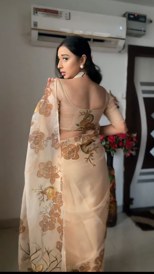 Pastel Beige Shade With Brown And Mustard Floral Prints Organza Ready To Wear Saree With Unstitched Blouse - Image 7