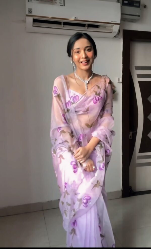 Pastel Lavender Shade With Delicate Purple Floral Prints Organza Ready To Wear Saree With Unstitched Blouse - Image 3
