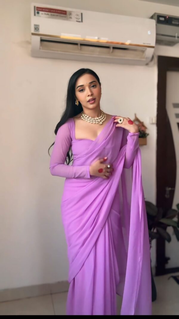 Lavender Color,Plain Elegant Georgette Ready To Wear Saree With Unstitched Blouse - Image 3