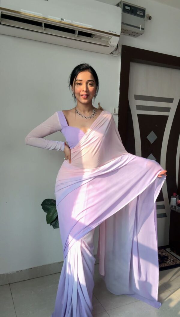 Pastel Pink & Lilac Ombre tone Georgette Ready To Wear Saree With Unstitched Blouse - Image 3