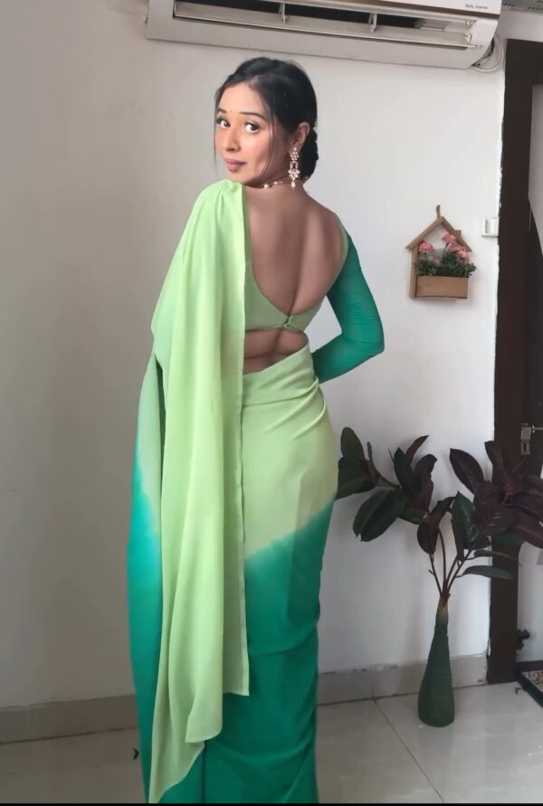 Light Green And Dark Green Color Ombre Saree Georgette Ready To Wear Saree With Unstitched Blouse - Image 3
