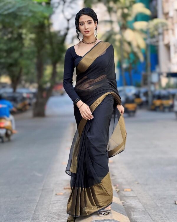 Black Base Small Shiny Golden Border Chiffon Ready To Wear Saree With Unstitched Blouse - Image 3